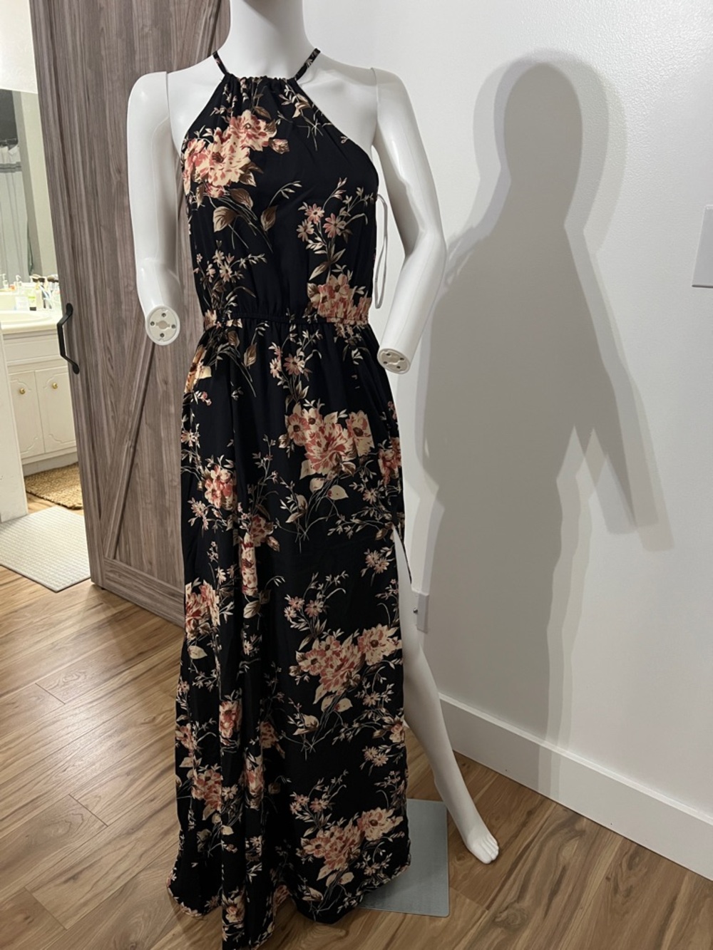 Lulu's Black Floral Halter Maxi Dress with Peach Blooms